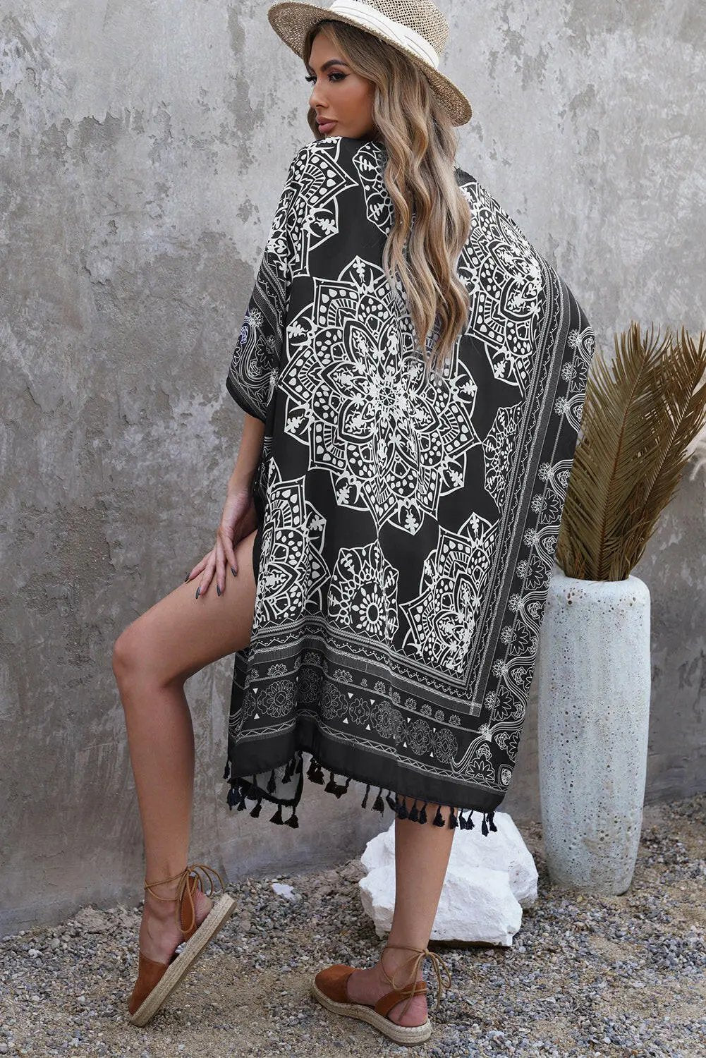 Printed Tassel Trim Open Front Cardigan.