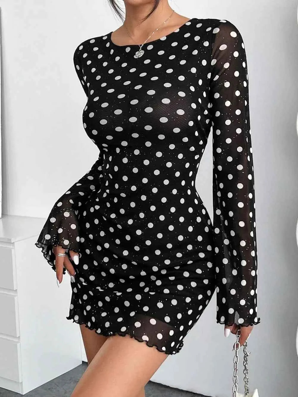Backless Polka dot Long Sleeve Mini Mesh Dress