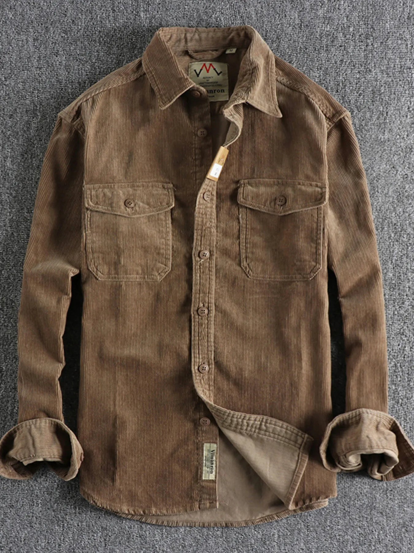 Brown Corduroy Long Sleeve Button Up Shirt for MEN.