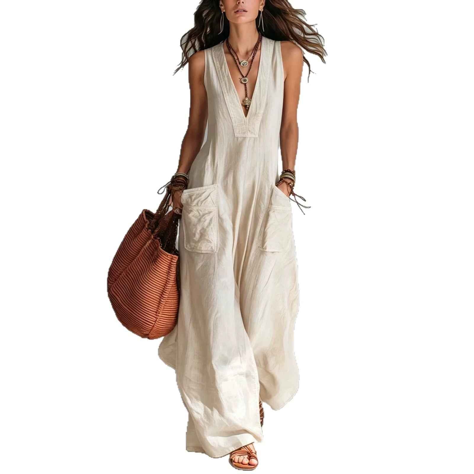Solid-color Wide-pocket Jumpsuit For Women