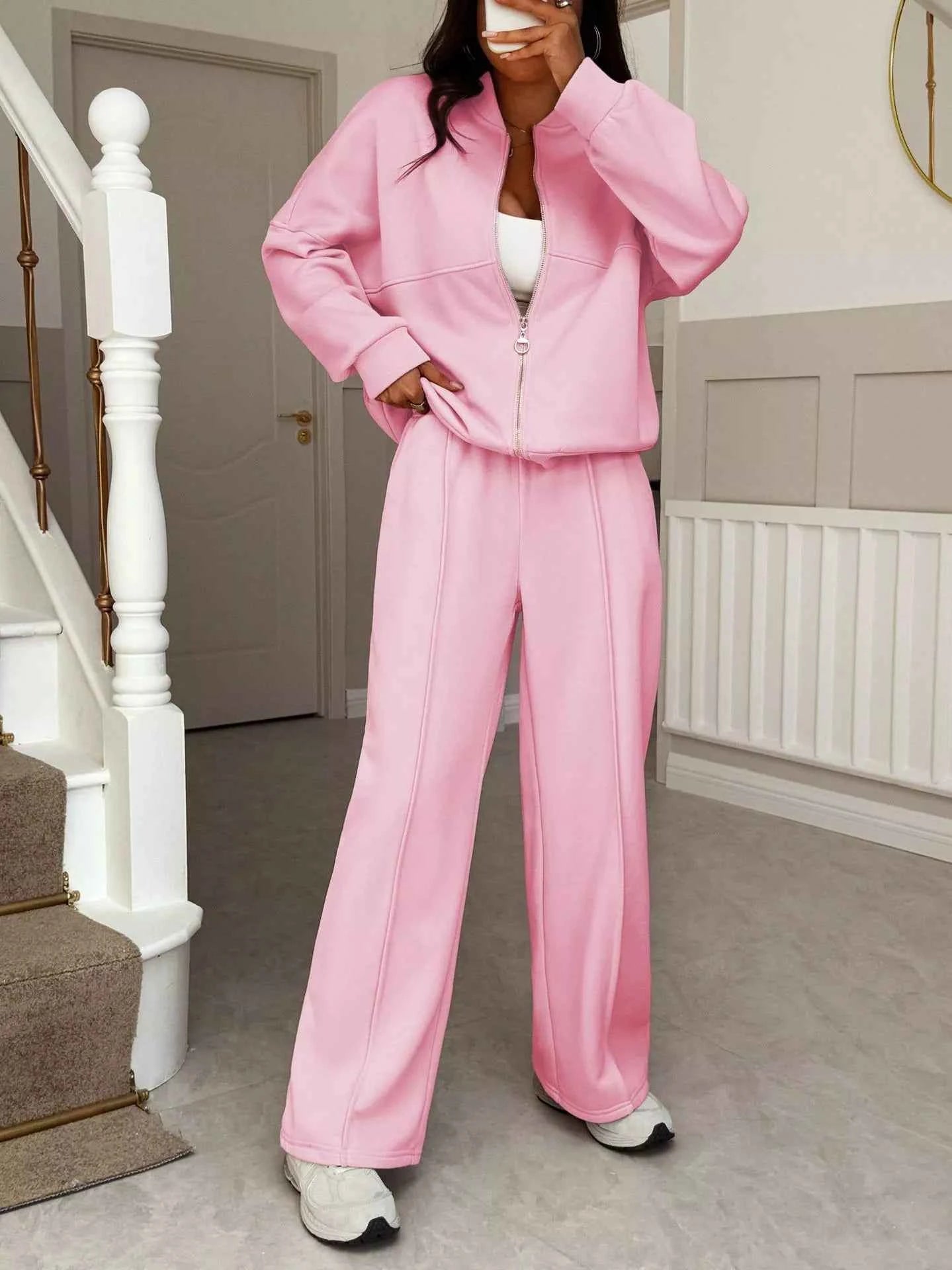 Casual Zipper Front Top and Wide Leg Pants Set