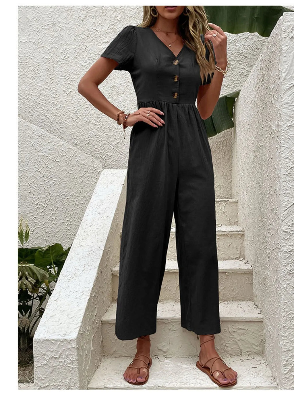 V-Neck Short Sleeve Wide Leg Jumpsuit.