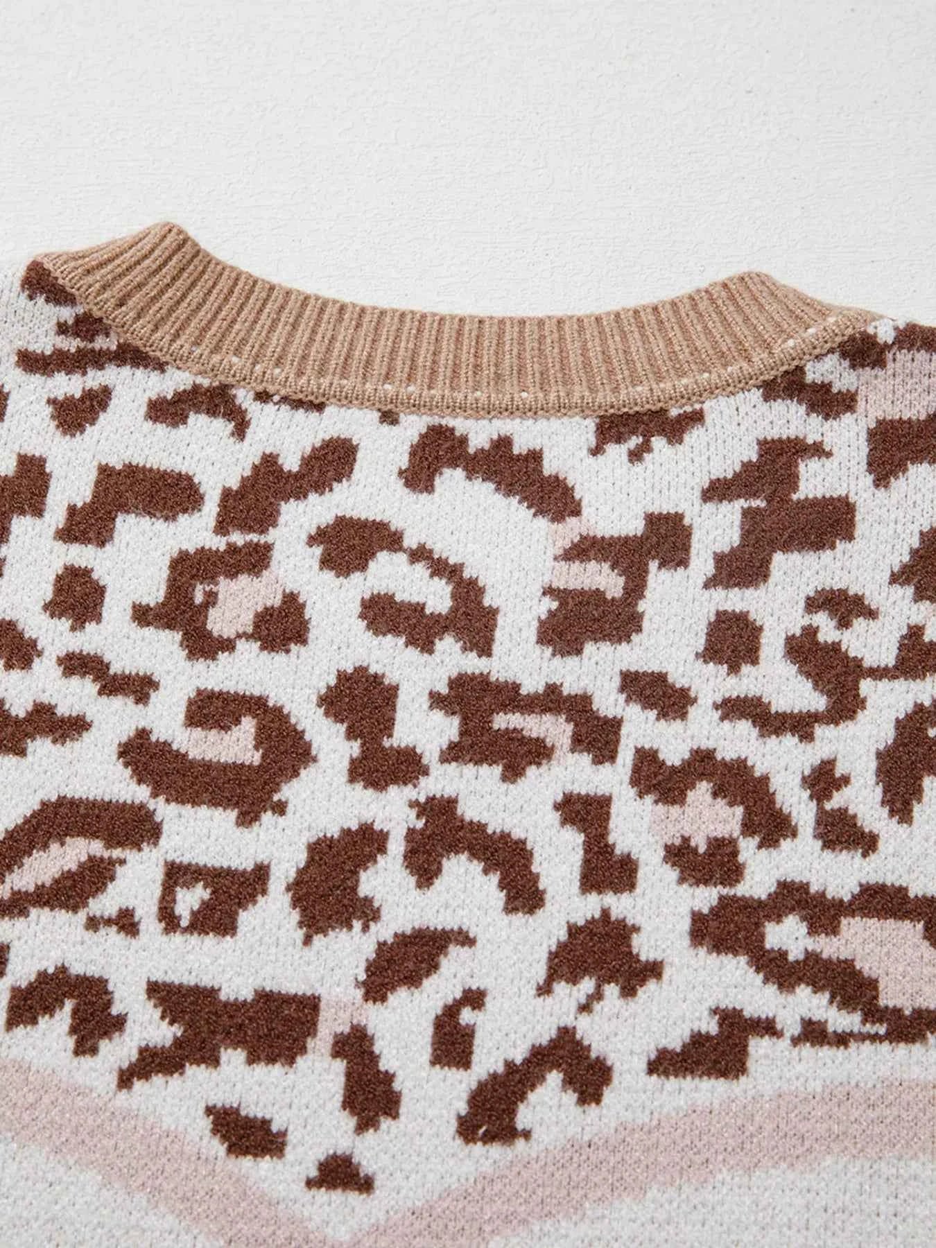 Leopard Color Block Knit Round Neck Baggy Sweater