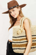 BEACH Striped Straw Braided Tote Bag.
