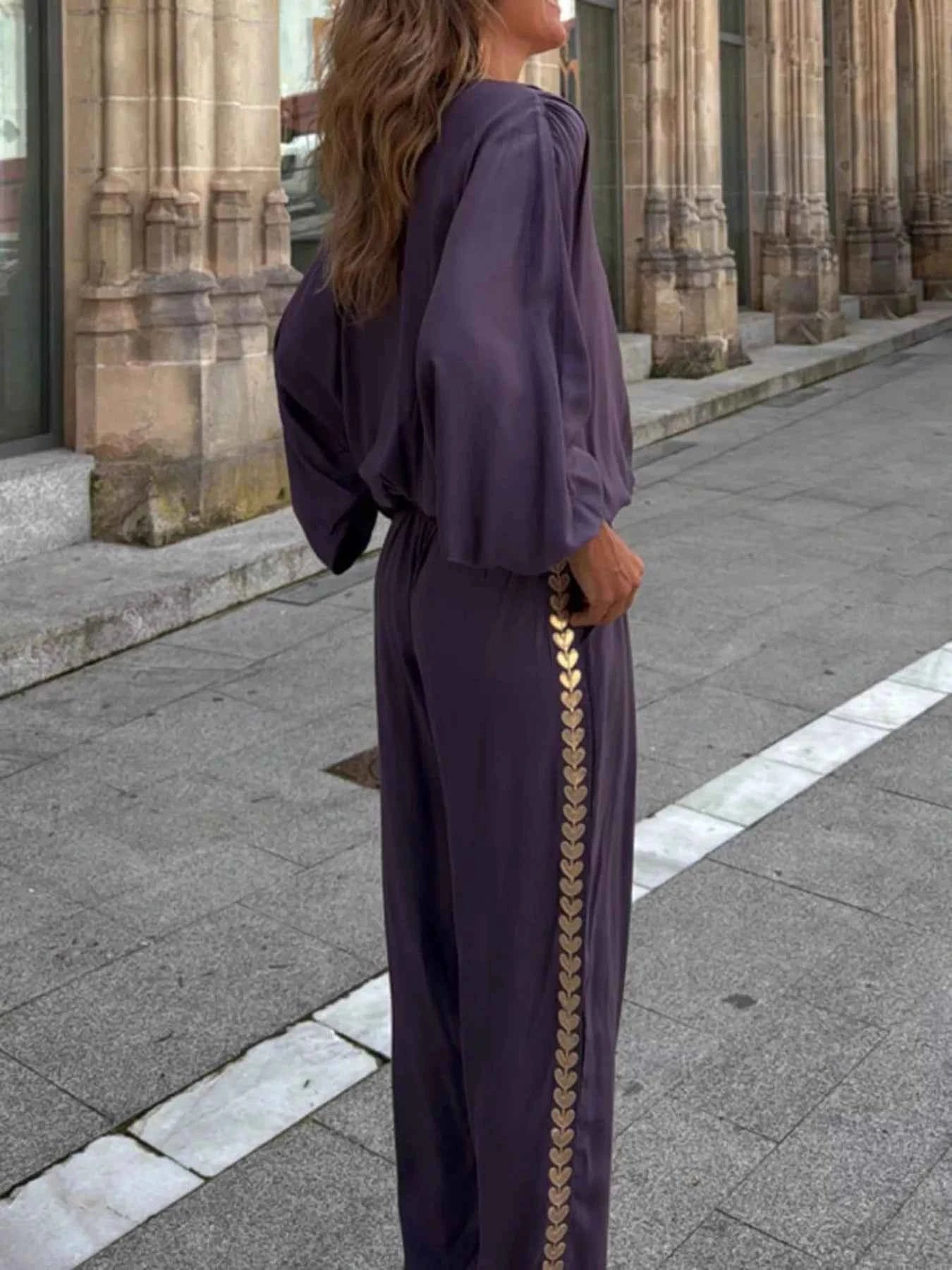 Full Size Contrast Trim V-Neck Top and Pants Set Plus Size