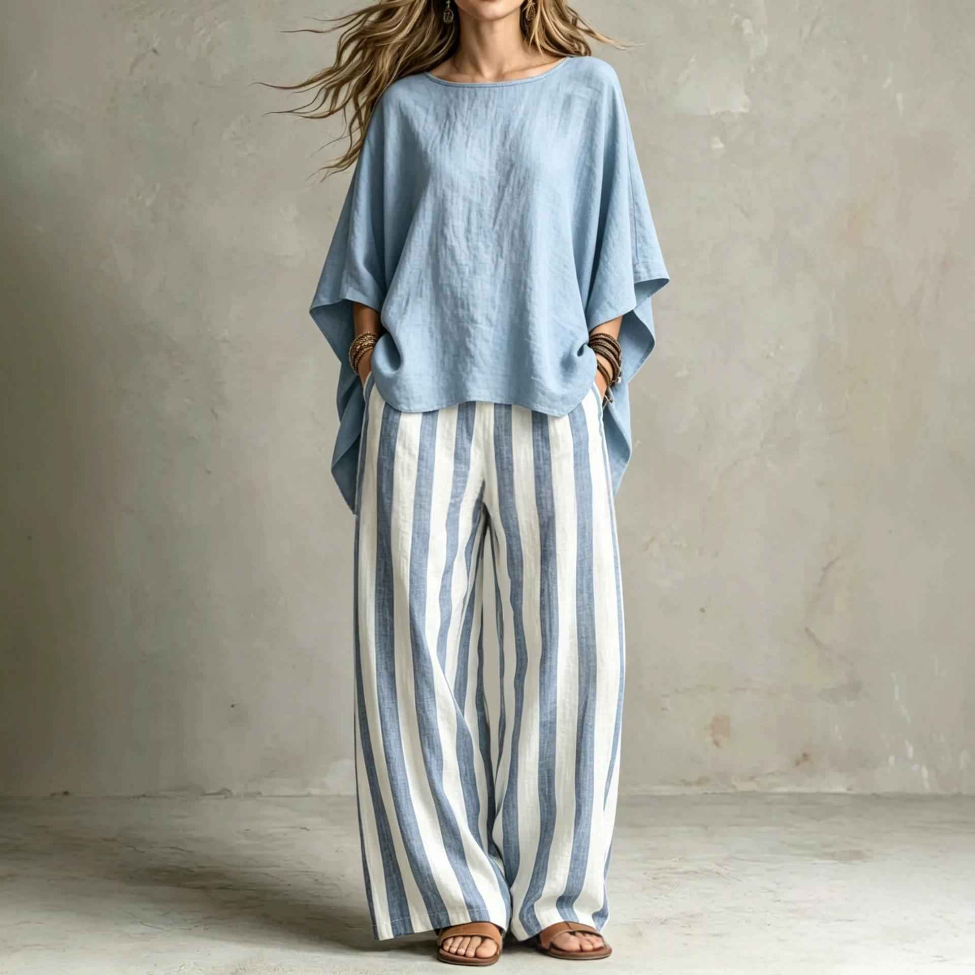 Womens Striped Pants And Cotton-Linen Top Set With Batwing Sleeves