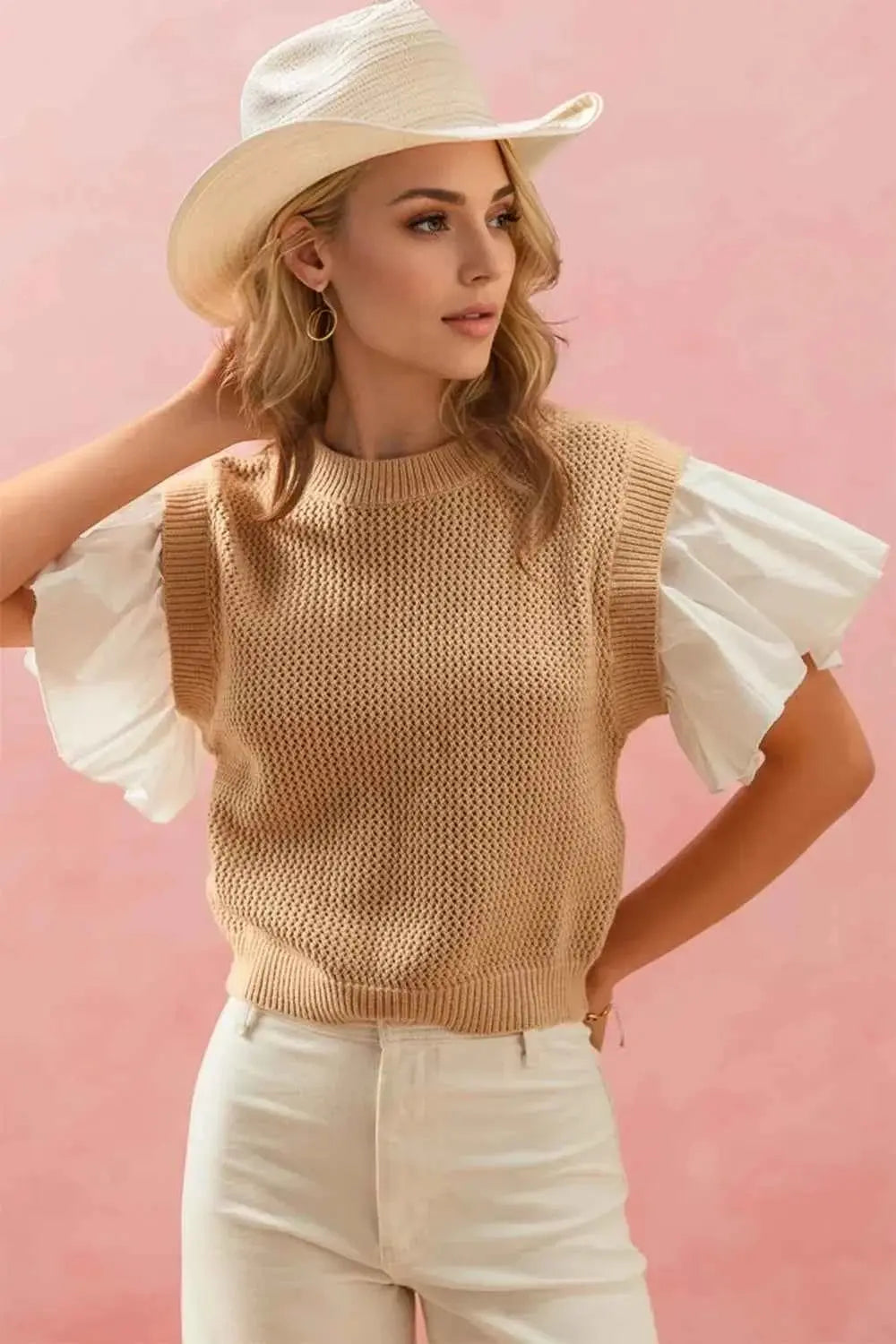 Ruffled Round Neck Short Sleeve Sweater.