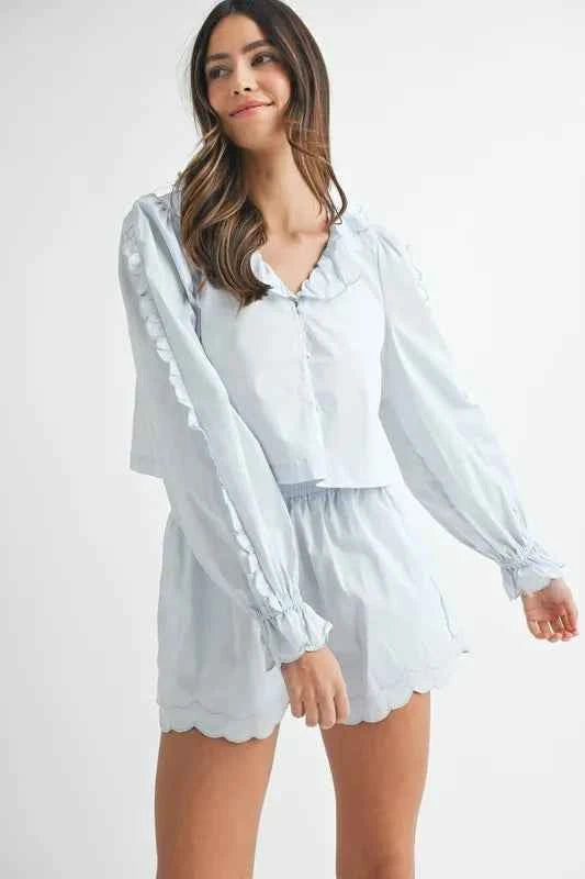 Long Sleeve Scallop Blouse and Shorts Set