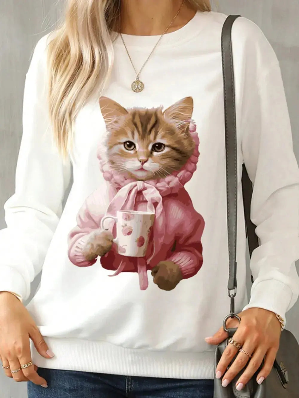 Cat Round Neck Long Sleeve Sweatshirt.
