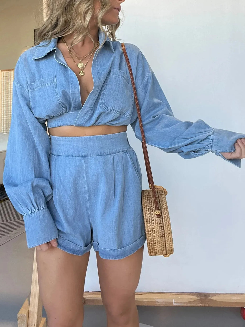 Long Sleeve Top and Shorts Denim Set Plus Size for women.
