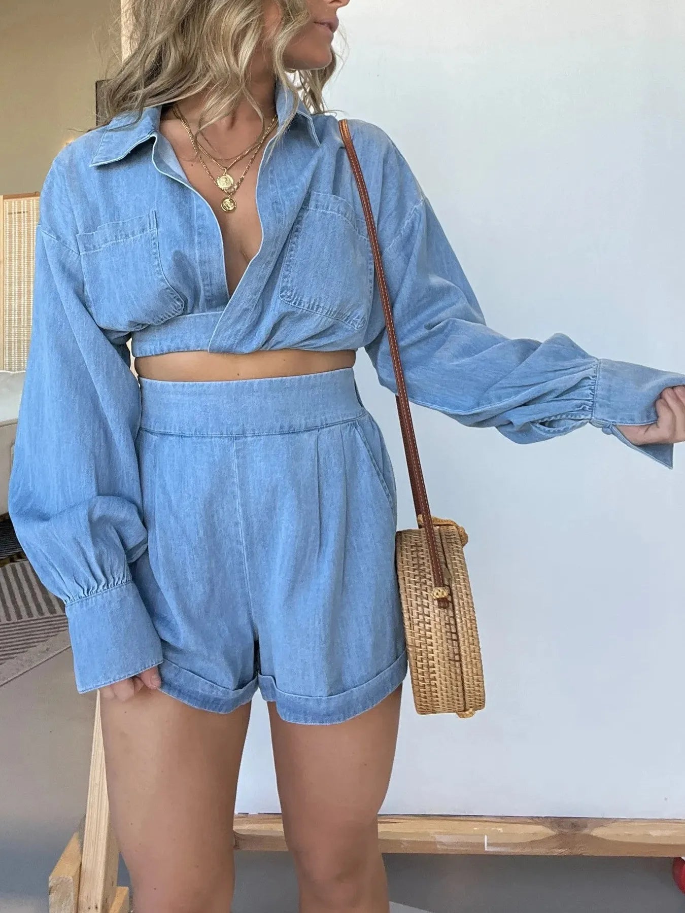 Long Sleeve Top and Shorts Denim Set Plus Size for women.