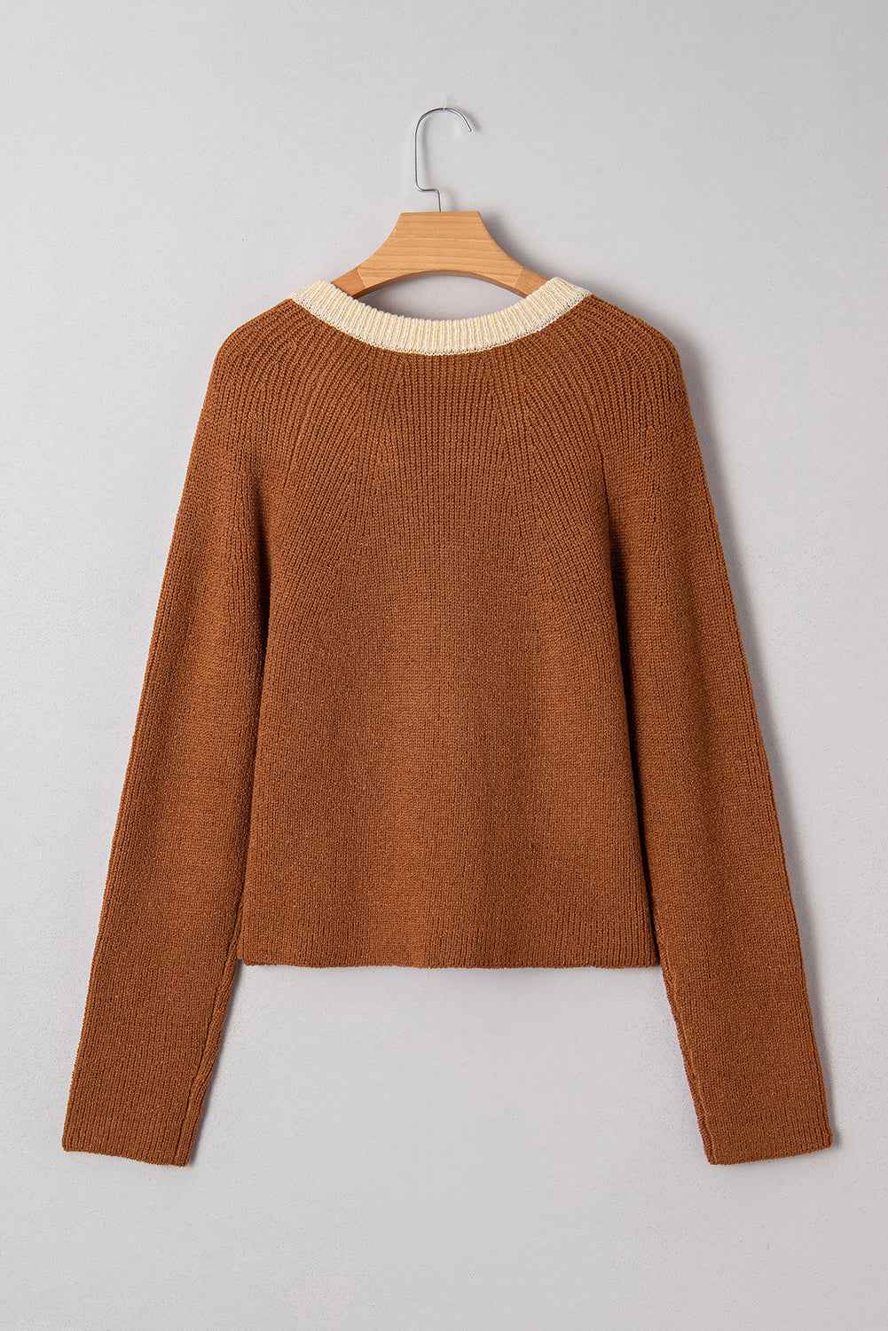 Chestnut Contrast Knit V Neckline Short Cardigan