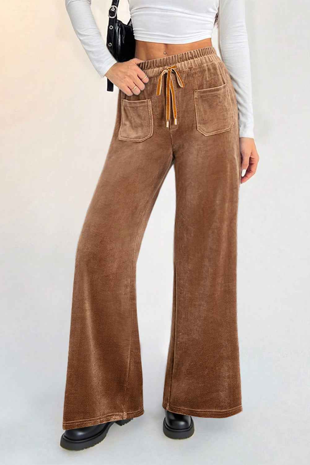Coffee Straight Loose Drawstring Elastic High Waist Fleece Pants