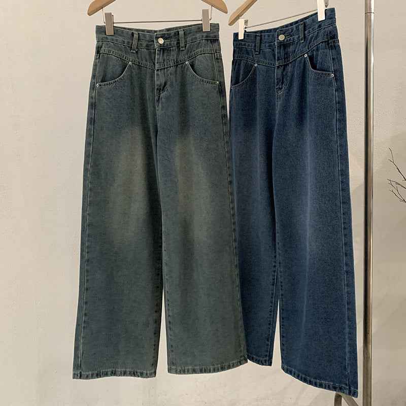 Vintage High-Waisted Denim Pants Women Loose Wide-Leg Slim Straight Leg Pants