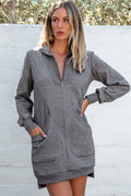 Dark Grey Zip up Collared Ribbed Patchwork Sweatshirt Dress with Pockets