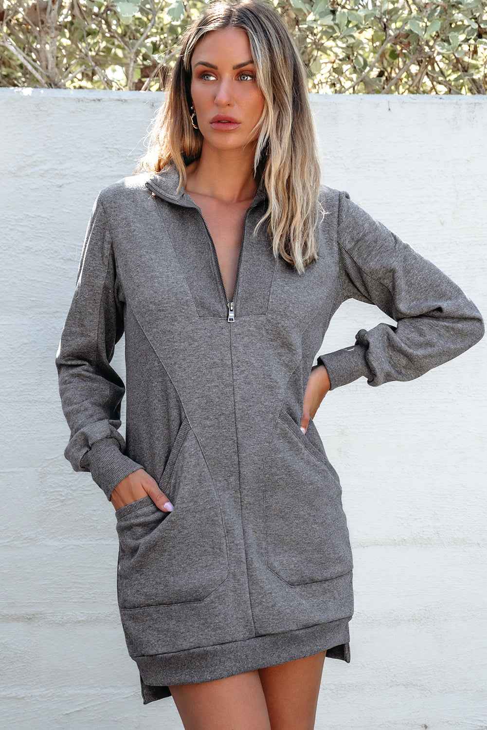 Dark Grey Zip up Collared Ribbed Patchwork Sweatshirt Dress with Pockets