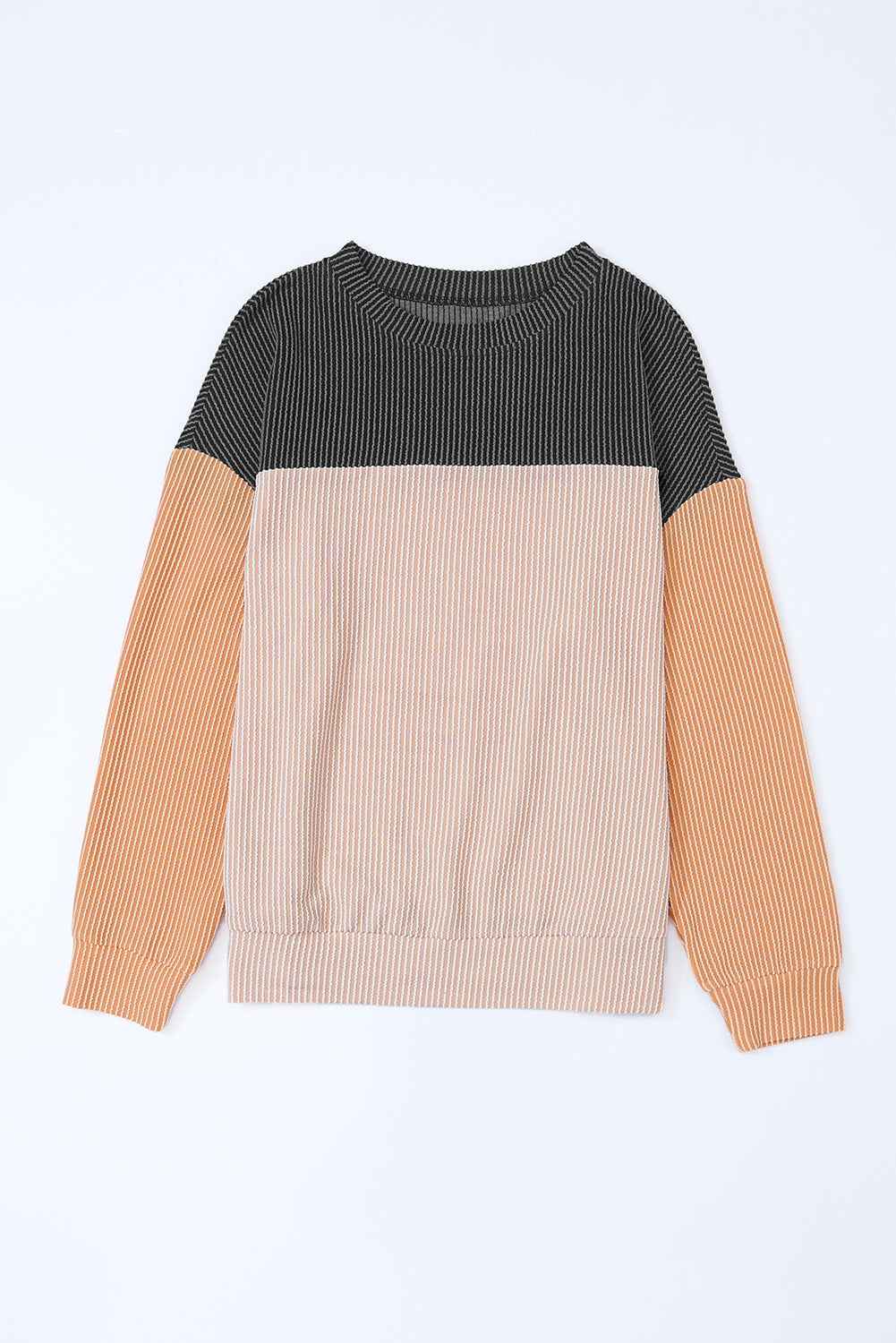 Black Color Block Long Sleeve Ribbed Loose Top