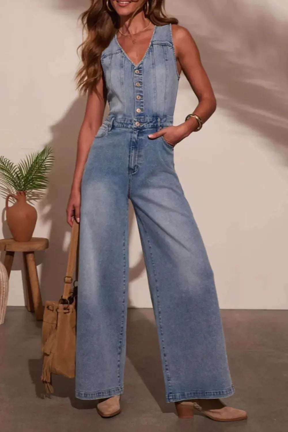 V-neck Wide Leg Denim Jumpsuit.