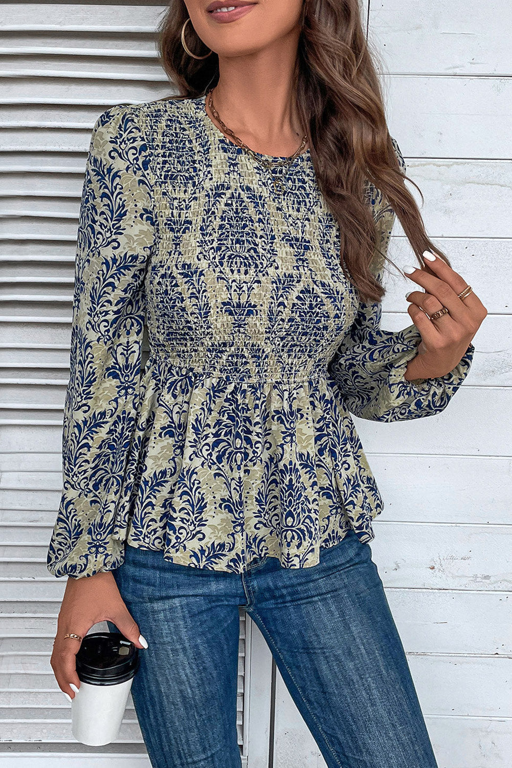 Sky Blue Boho Printed Balloon Sleeve Smocked Peplum Blouse Dear-Lover Dropshipping
