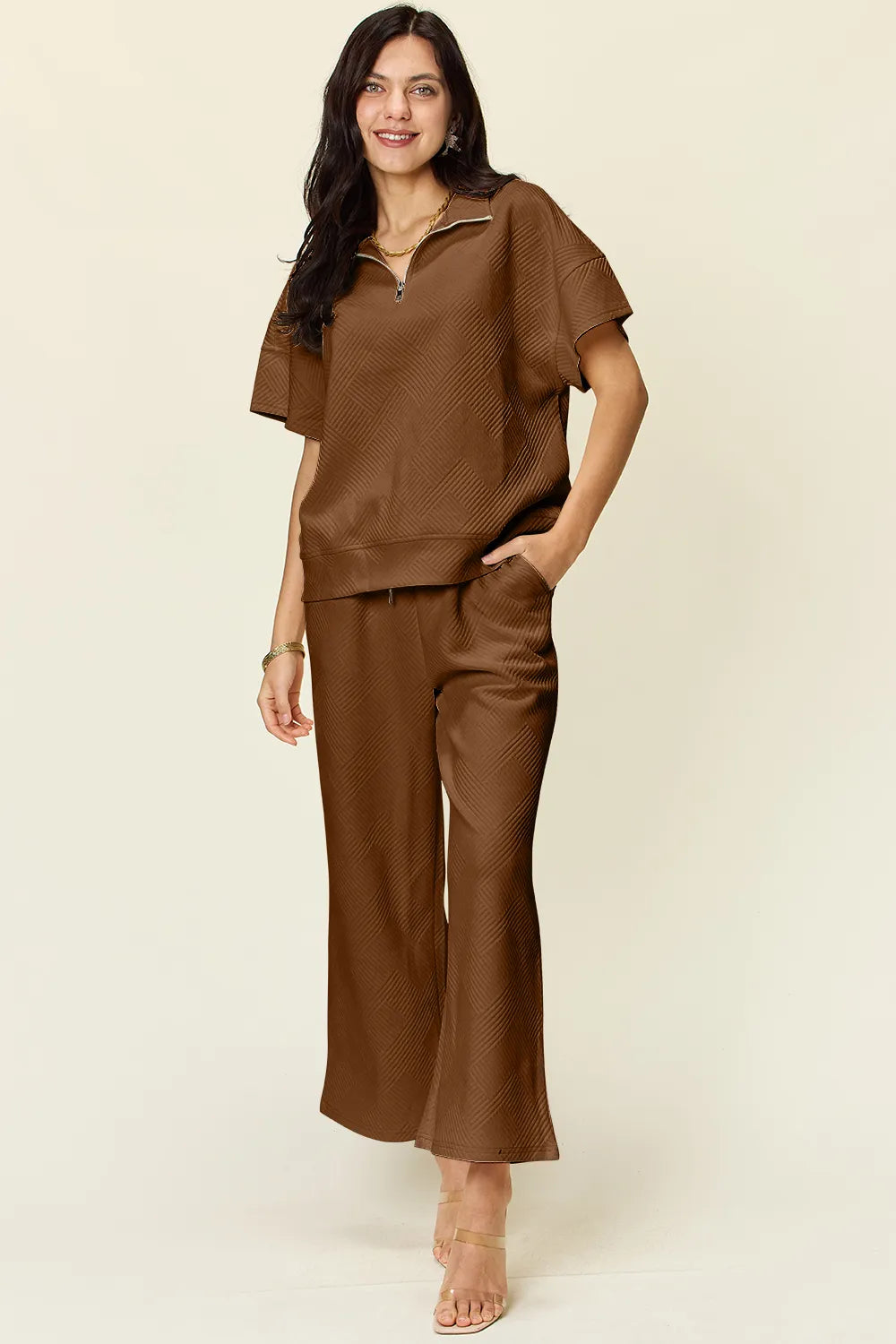 Double Take Full Size Texture Half Zip Short Sleeve Top and Pants Set - CHIC TB