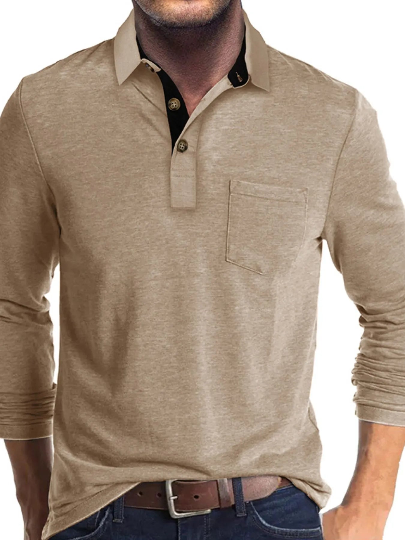 Men's Full Size Long Sleeve Pocket Polo Shirt Plus Size.