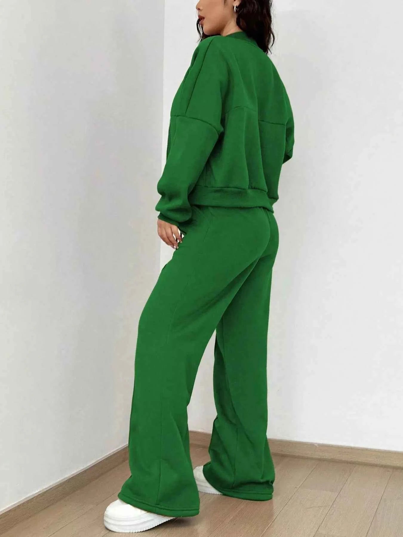 Casual Solid Color Zipper Jacket and Wide Leg Pants Set