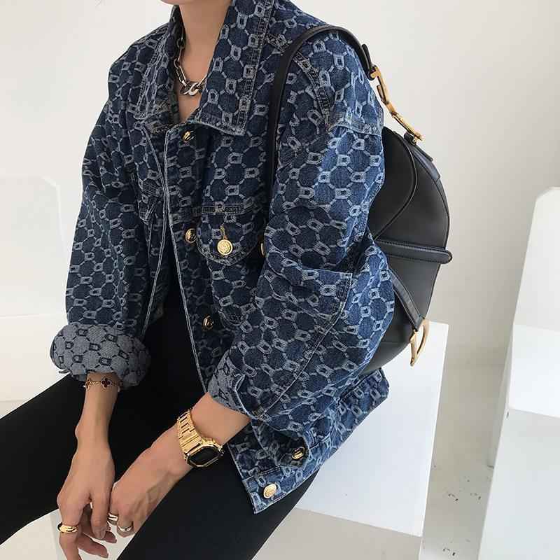 Full printed jacquard long sleeved denim jacket for women early autumn casual top spring and autumn denim jacket