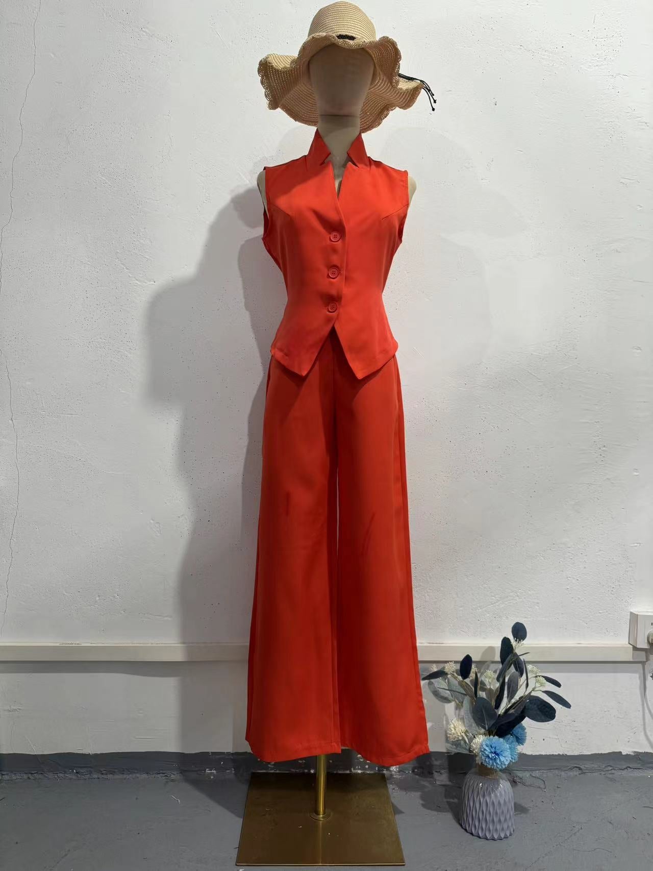 Sleeveless Plus Size Eye-Catching Wide-Leg Two-Piece Set Suit Combination Loose Orange Tangerine Red