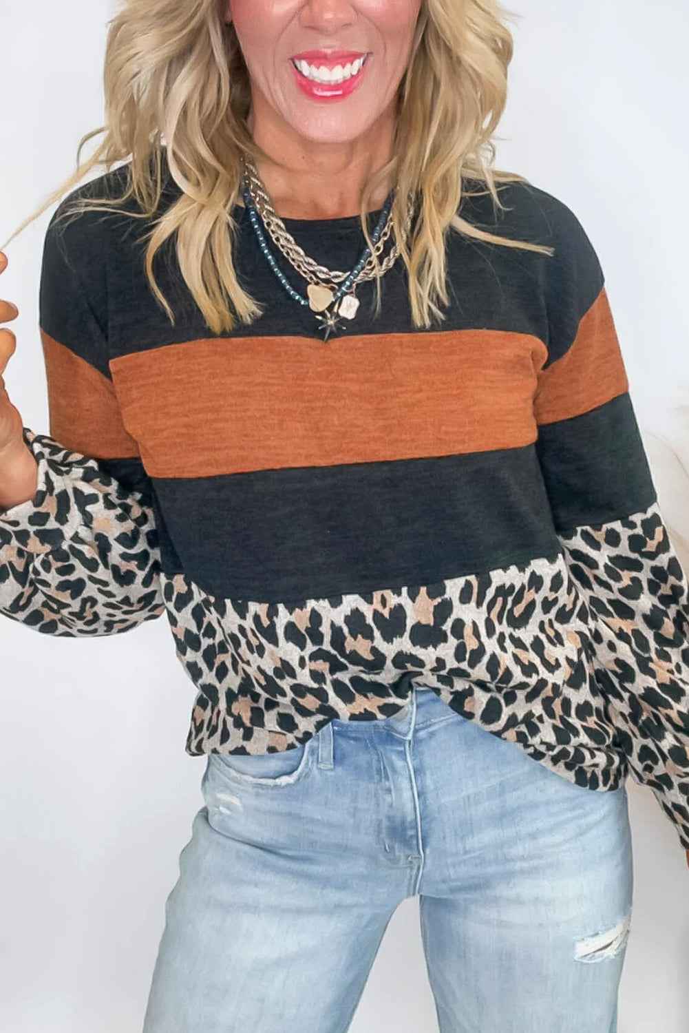 Black Color Block Leopard Patchwork Long Sleeve Casual Top