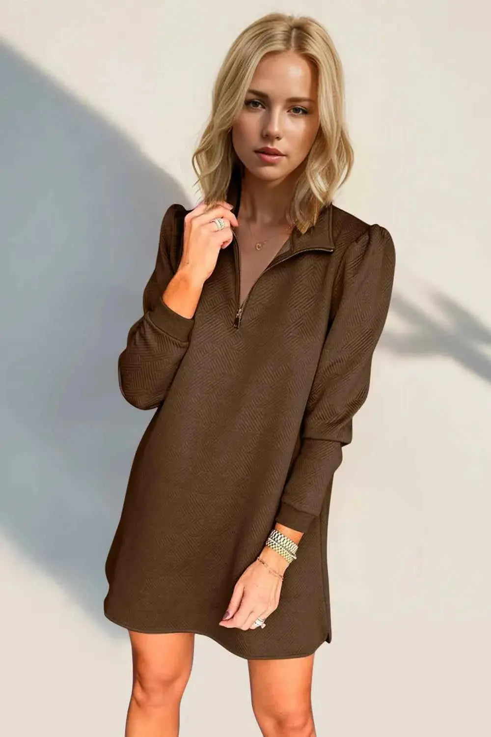Double Take Textured Quarter Zip Long Sleeve Dress.