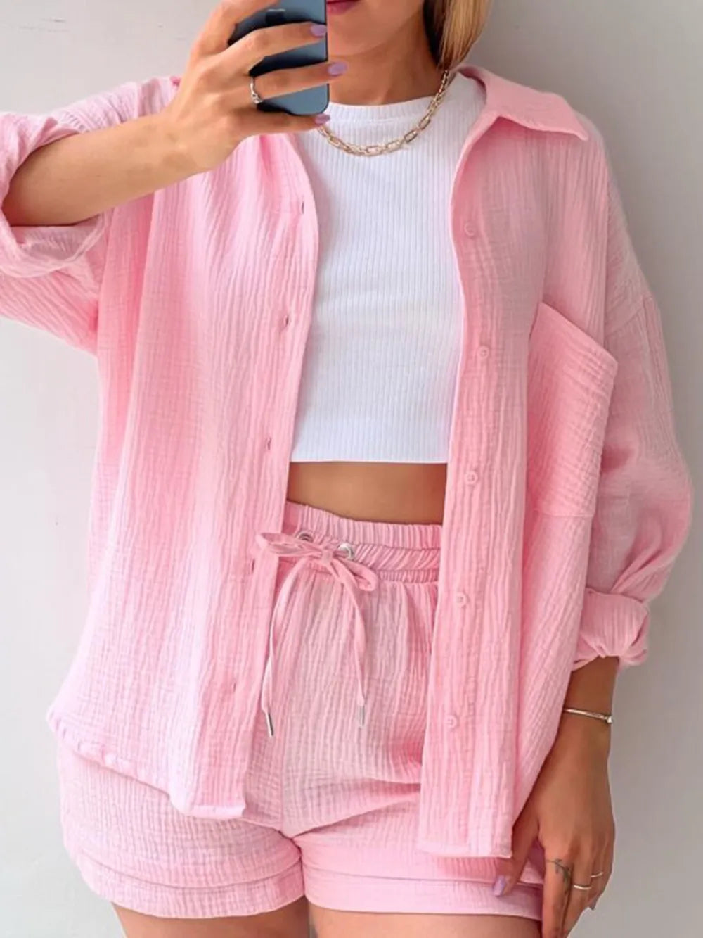 Texture Button Up Shirt and Drawstring Shorts Set - CHIC TB