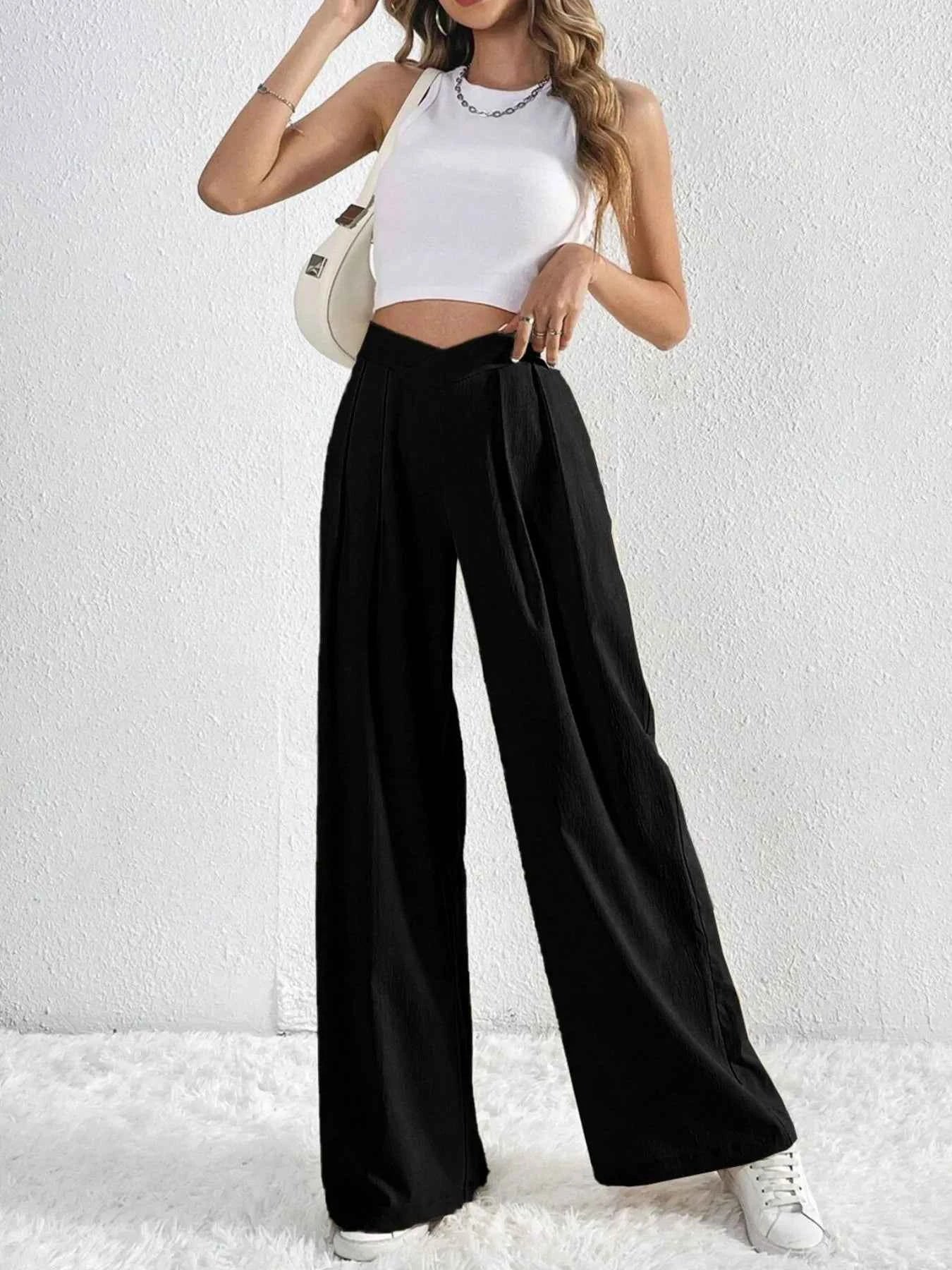 V-Waisted Ruched Front Wide Leg Pants.