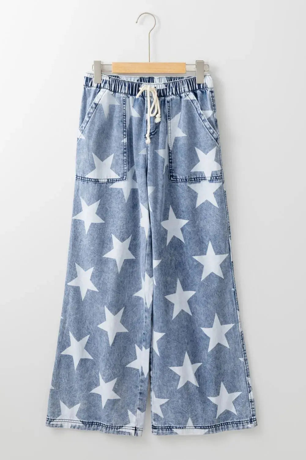 Star Print Washed Drawstring High Waist Wide Leg Jeans.