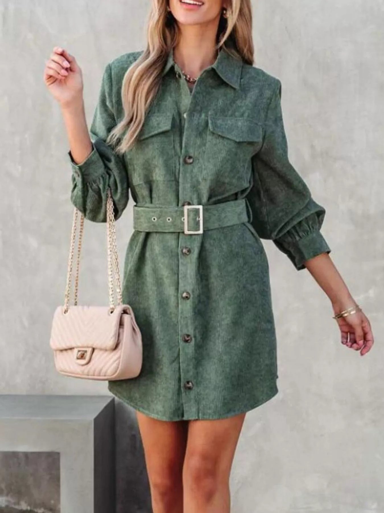 Button Front Belt Long Sleeve Corduroy Dress.
