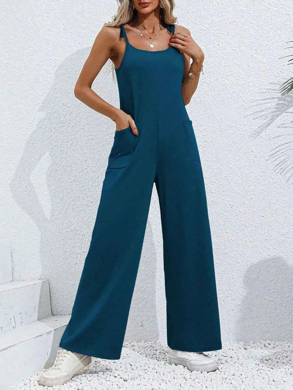 Scoop Neck Tie Shoulder Jumpsuit.