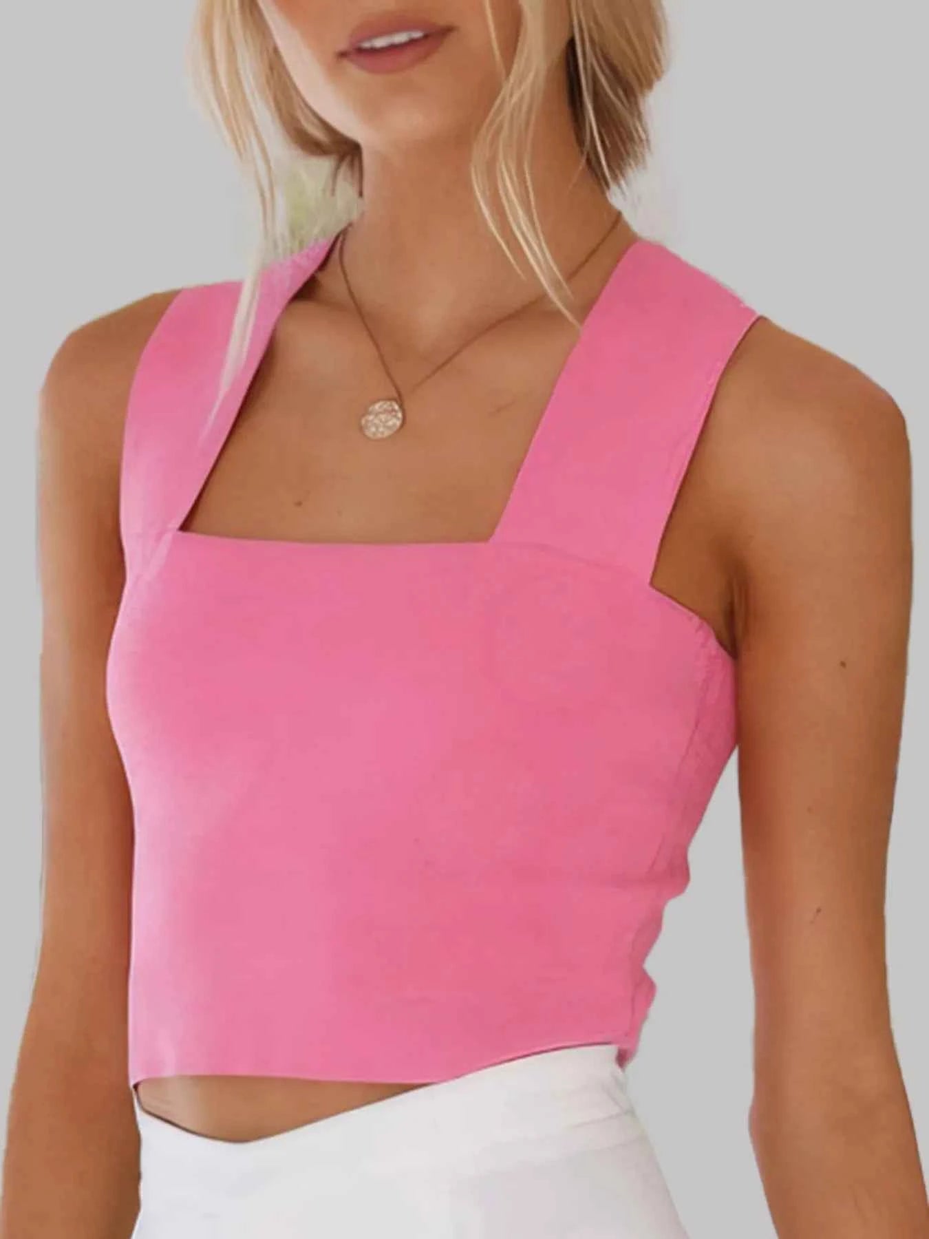 Square Neck Ribbed Crop Tank Top.
