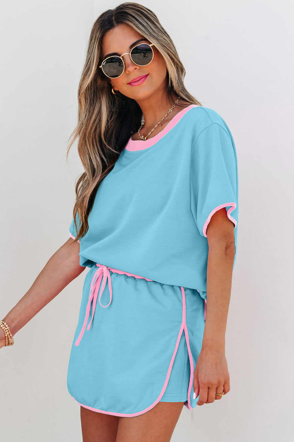Turquoise Colorblock Edge Drop Shoulder T Shirt and Skort 2Pcs Set Dear-Lover Dropshipping