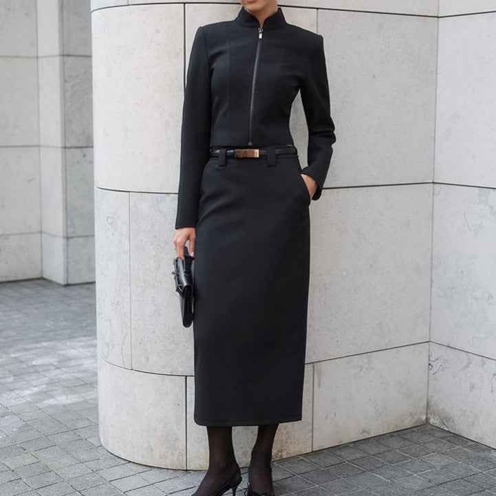 Zipper jacket split straight leg skirt two-piece set for women