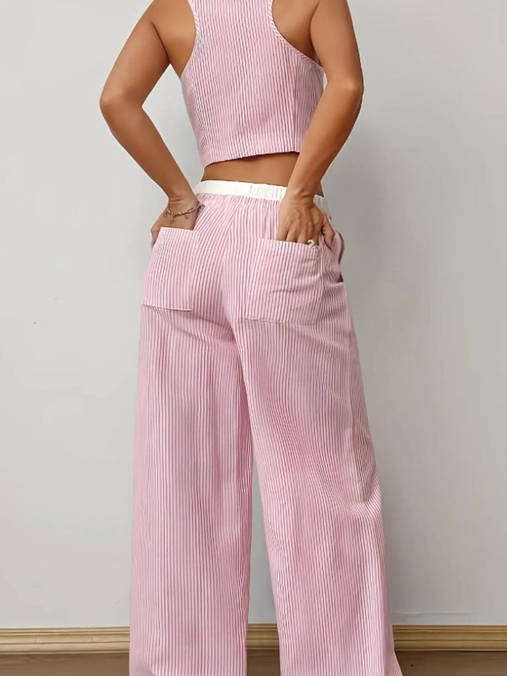 Striped Vest Top and Wide Leg Pants Two-Piece Set.