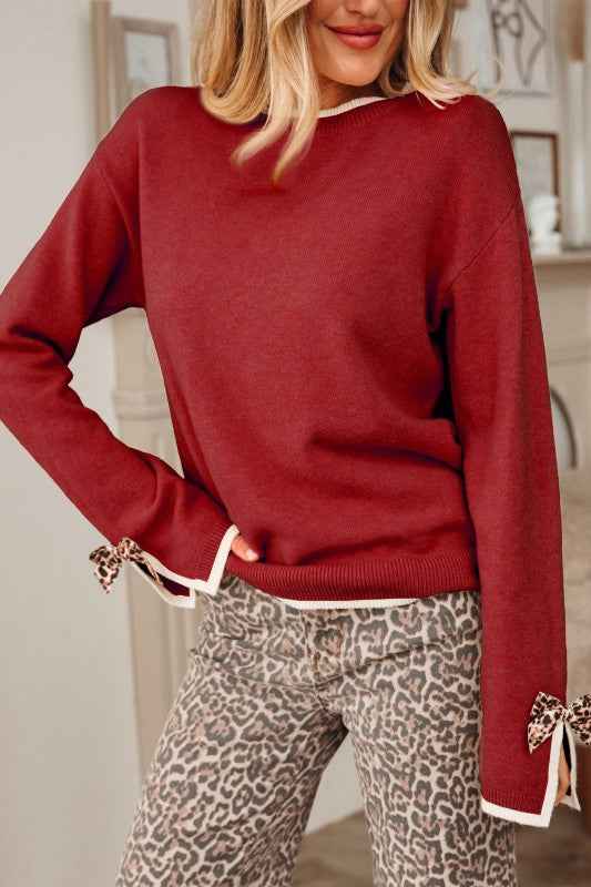 Leopard Bow Split Cuff Contrast Trim Sweater