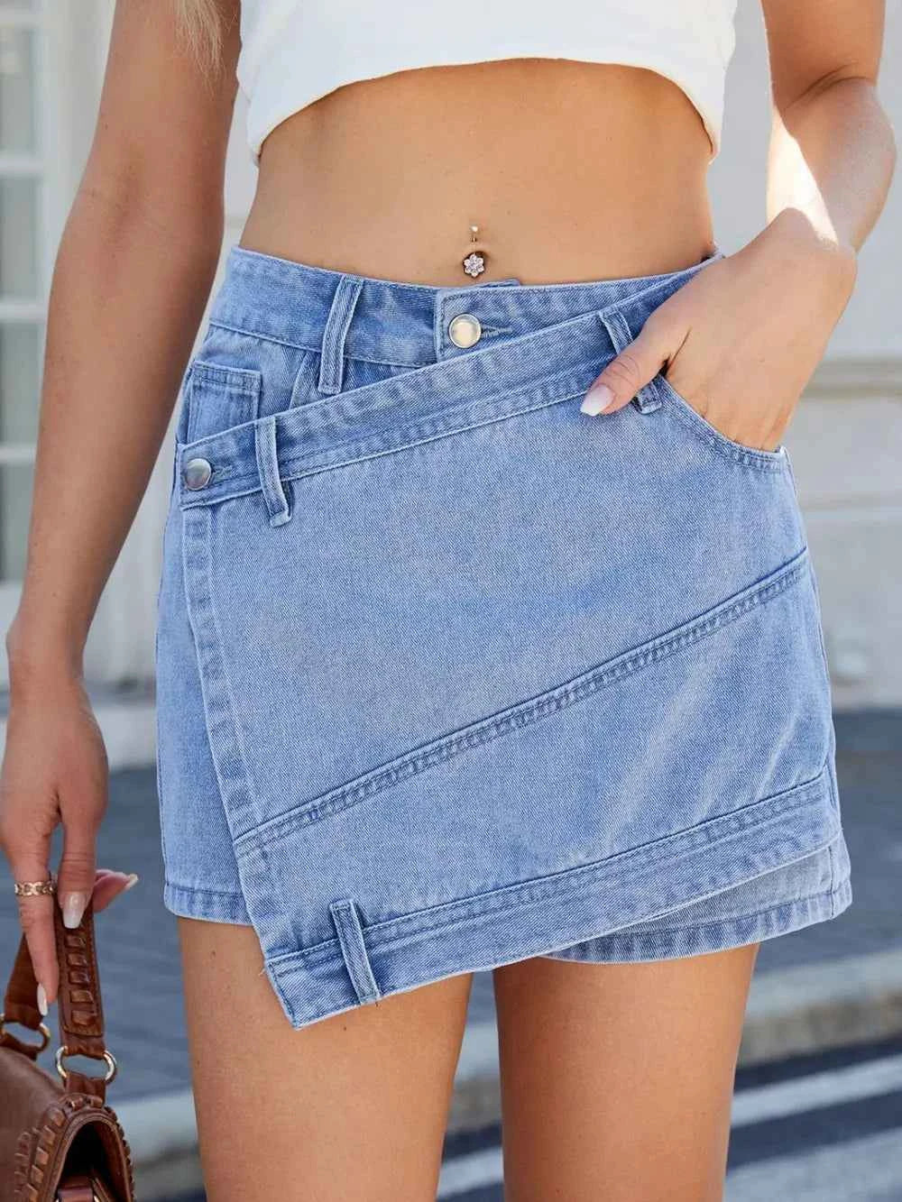 Asymmetrical Denim Skort with Pockets
