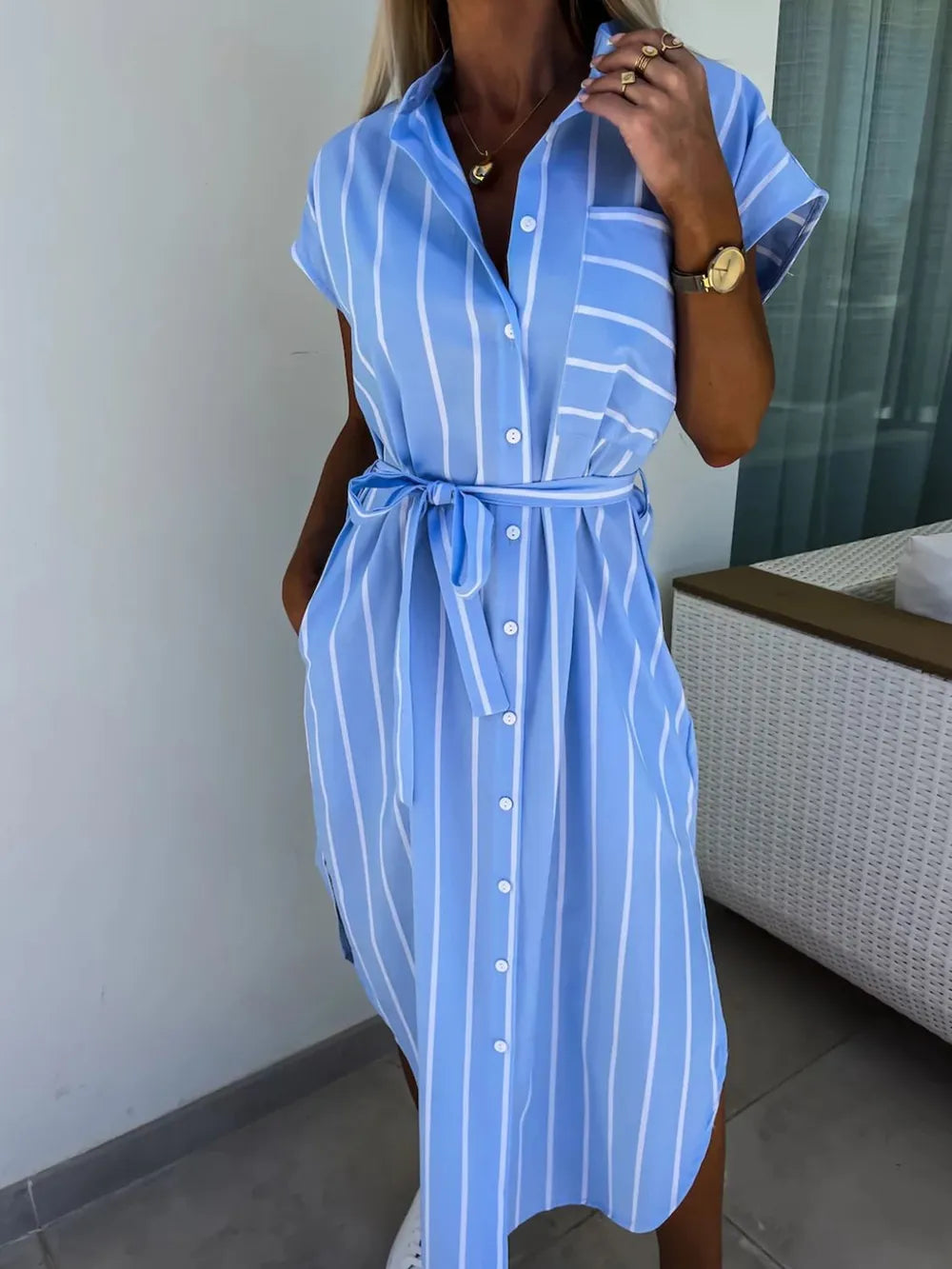 Striped Tie Waist Short Sleeve Dress.