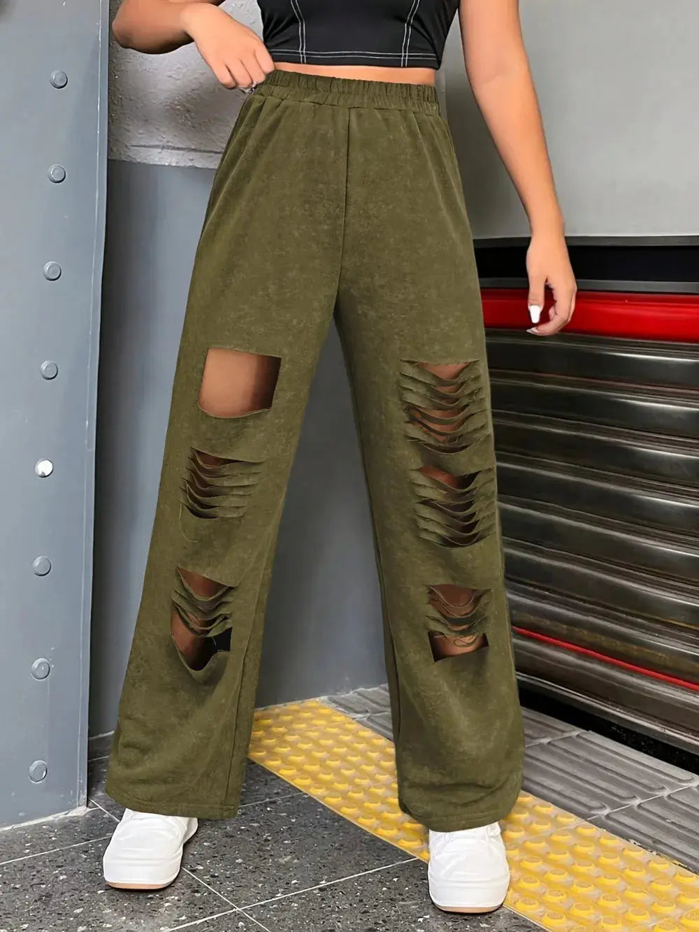 Distressed Elastic Waist Straight Leg Pants.