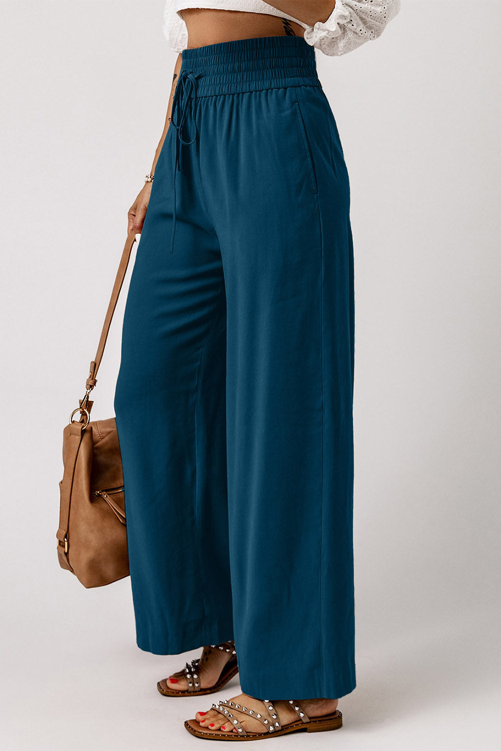 Blue Drawstring Elastic Waist Casual Wide Leg Pants Dear-Lover Dropshipping