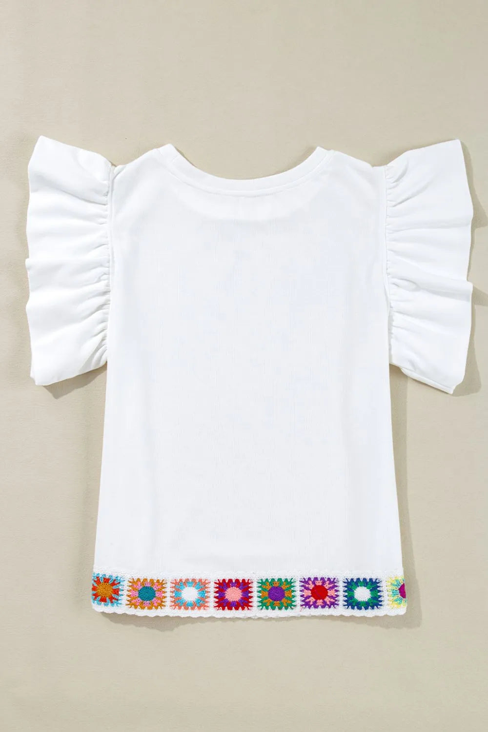 Floral Crochet Patched Ruffled Sleeve Crewneck Blouse.