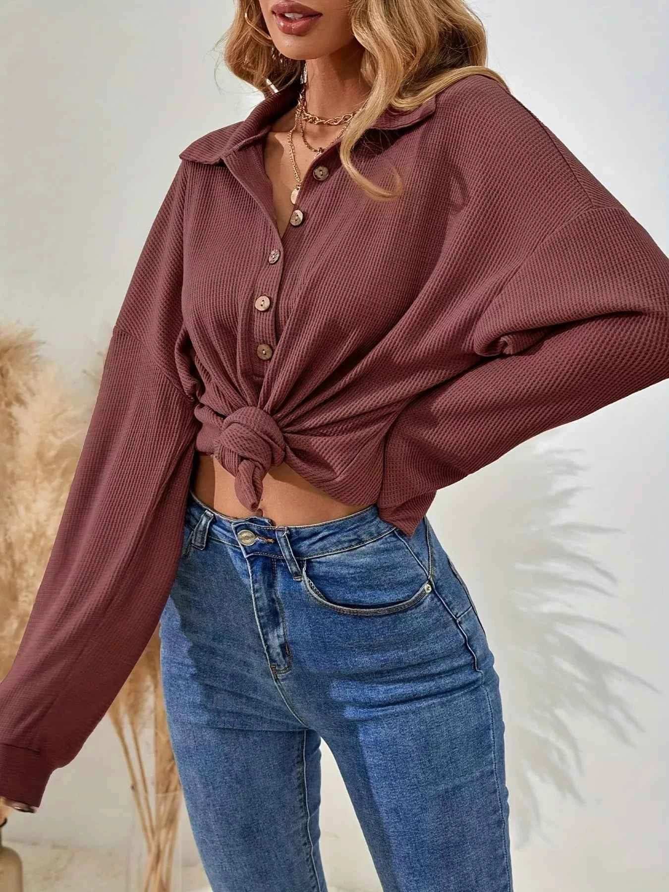 Button-Front Waffle Knit Polo Sweatshirt