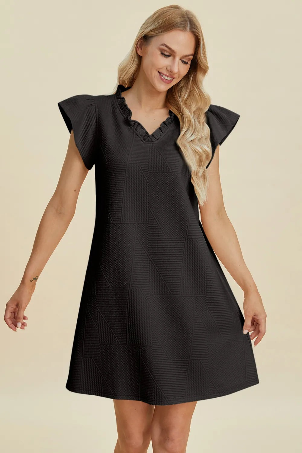 Double Take Full Size Ruffled V-Neck Cap women Sleeve Dress.