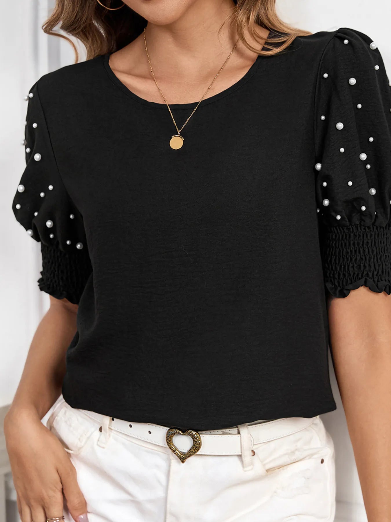 Pearl Embellished Puff Sleeve Blouse.