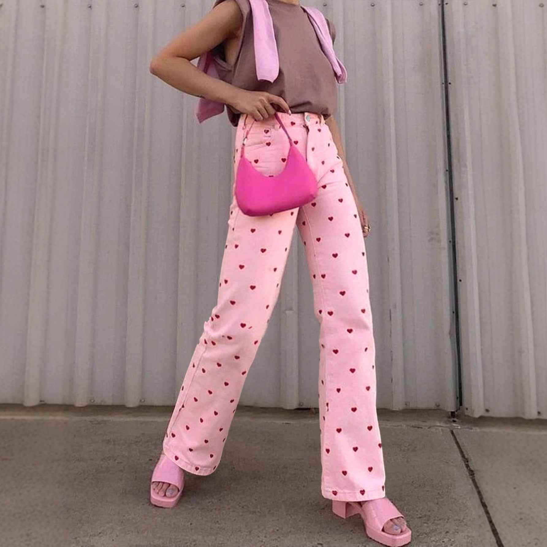 European And American Denim Pink Heart Wide-Leg Pants