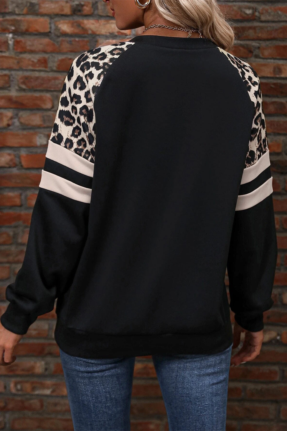 Black Leopard Print Colorblock Raglan Sleeve Sweatshirt Dear-Lover Dropshipping